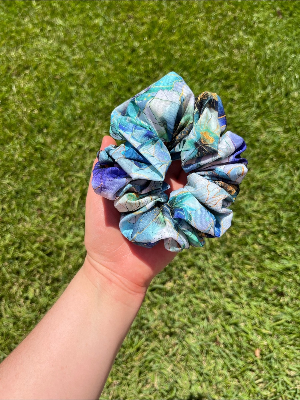 Handmade Floral Blue Gold Scrunchie
